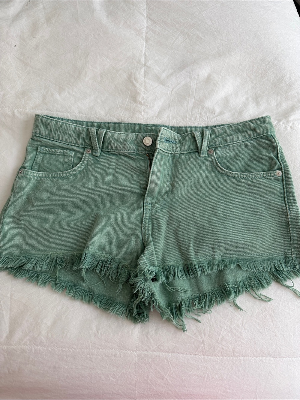 H&M Mint Green Frayed Hem Denim Shorts